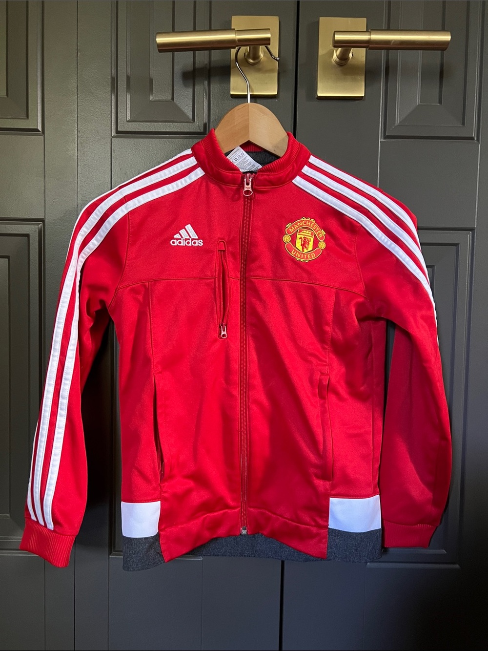 adidas Red Kids Manchester United Track Jacket with White Stripes